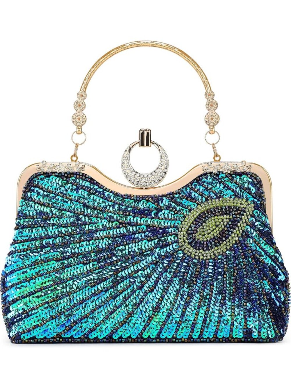 Vintage Beaded Sequin Peacock Clutch Purse - Green & Blue Evening Handbag for